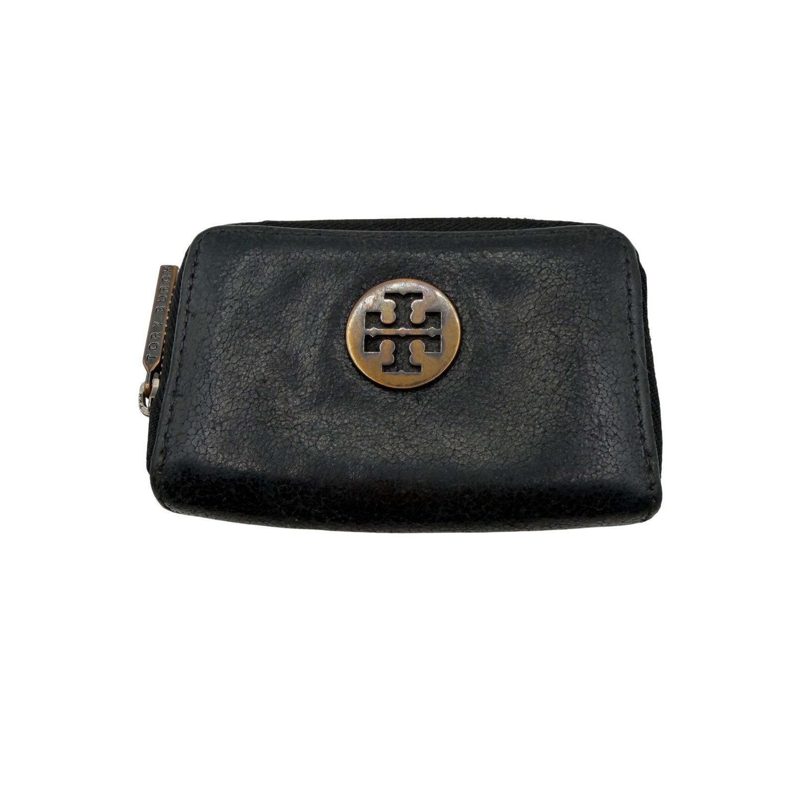 Tory Burch Black Pebbled Leather Zip Around Coin Purse Wallet Logo Medallion